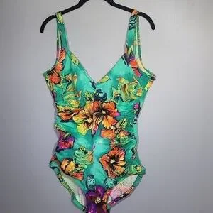 VINTAGE 70's, 80's Gabar Floral Mint Green Ruched One Piece Swimsuit